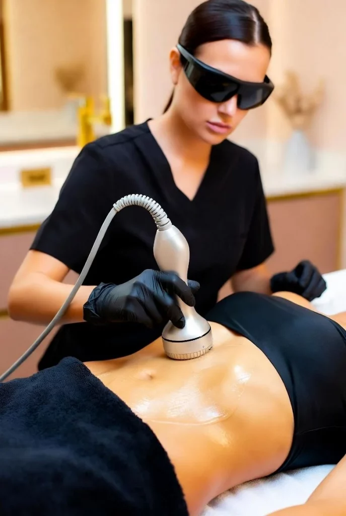 Provider using ultrasound cavitation on abdomen