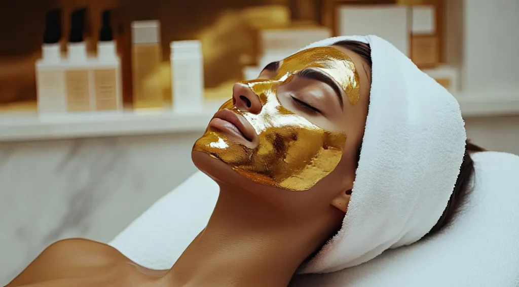 Client enjoying a luxury gold facial mask