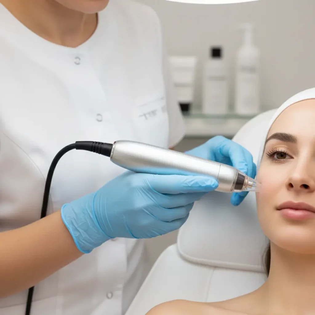 Esthetician using radiofrequency microneedling device
