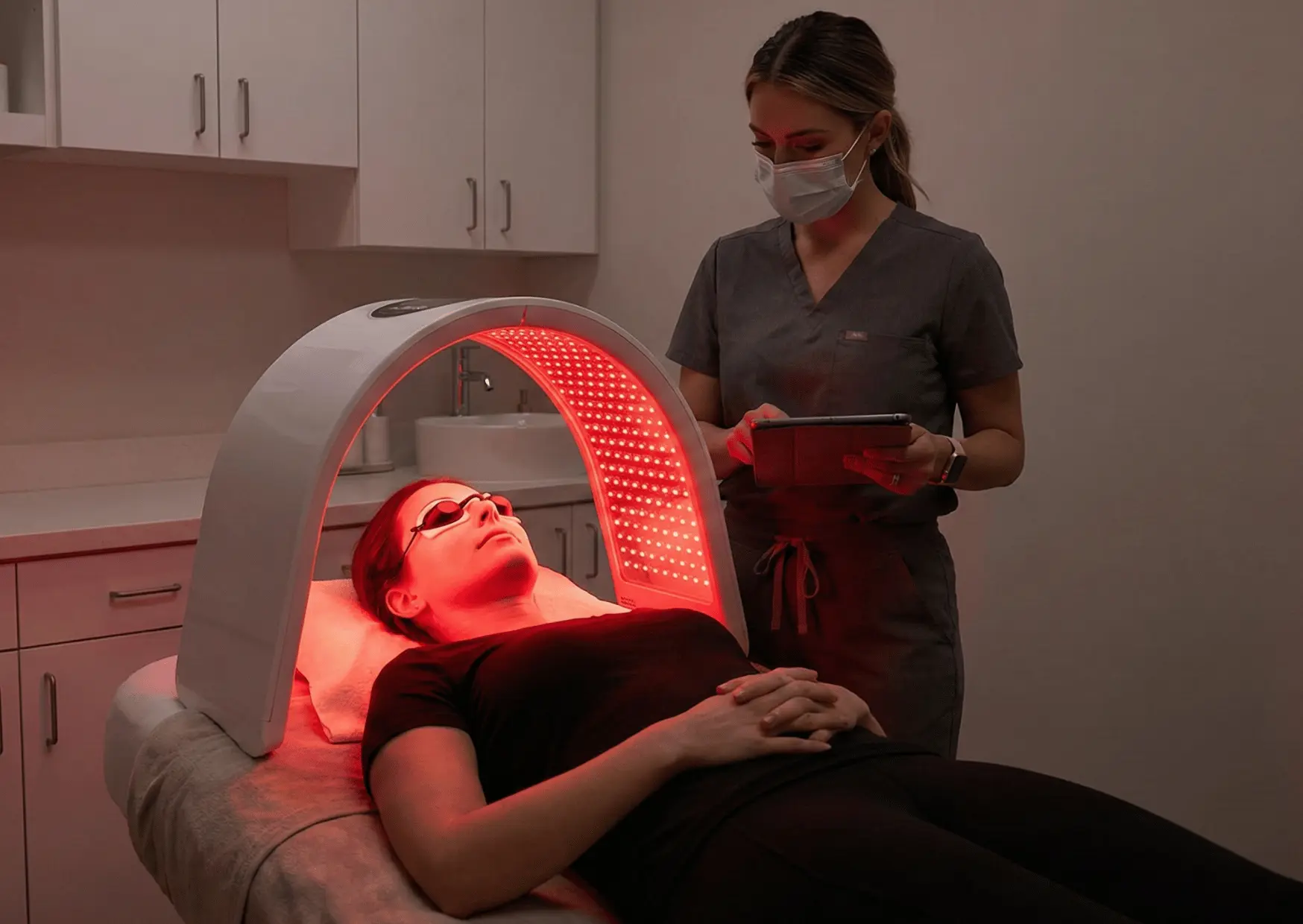 Patient receiving LED light therapy at Arizona Medlaser