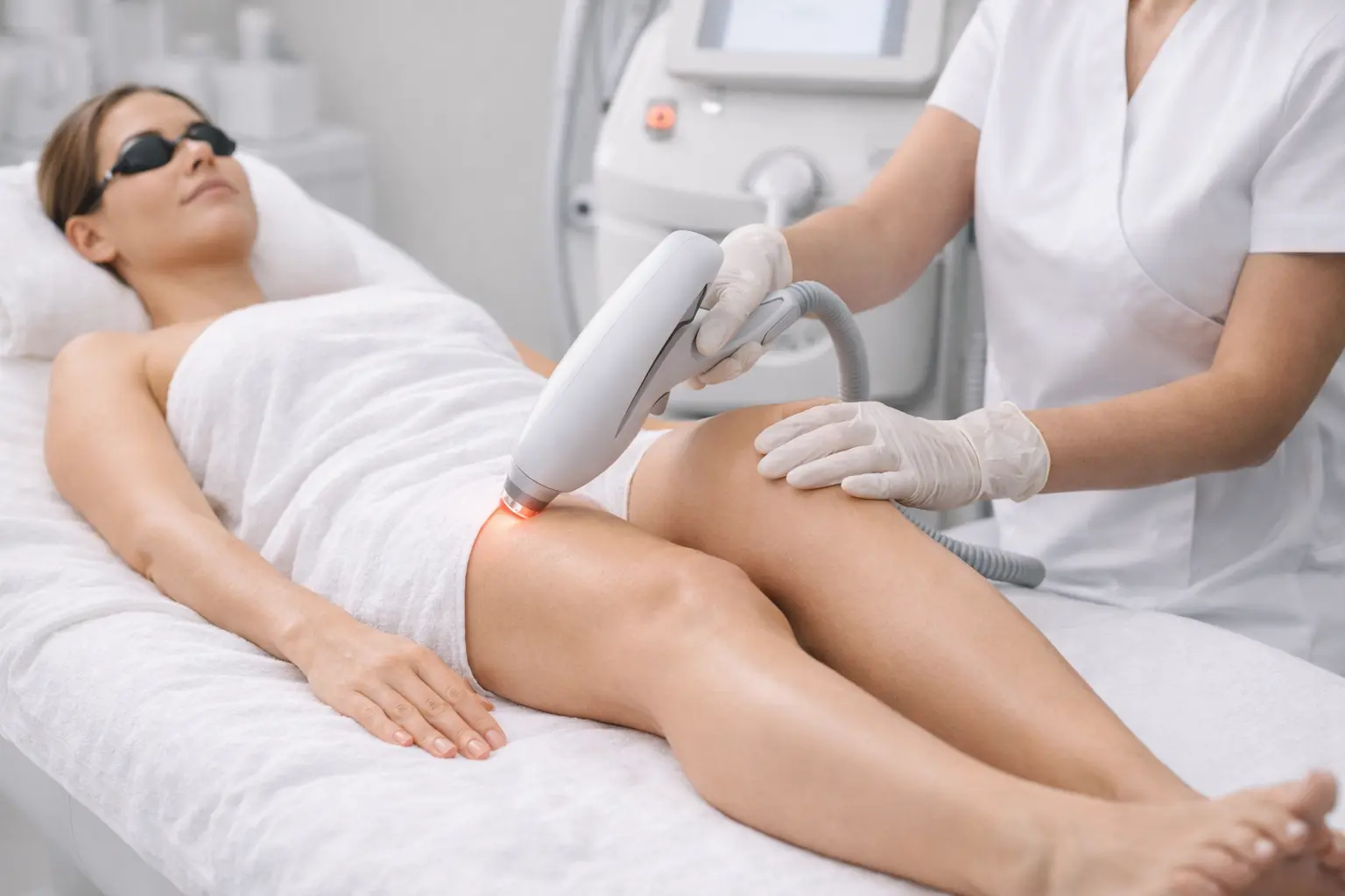 Professional laser treatment device applied to upper leg area while client wears protective eye shields.