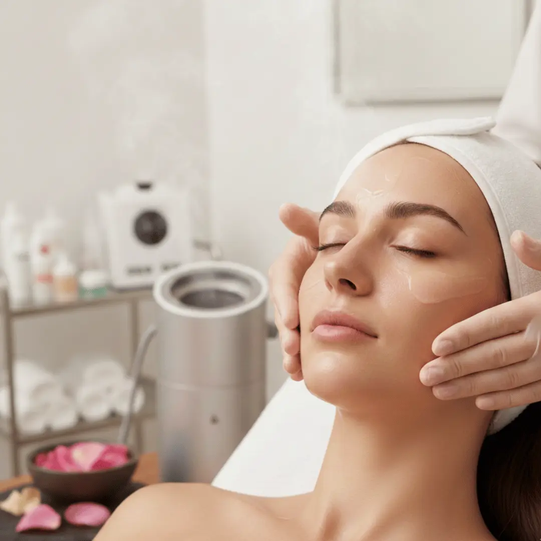 Client receiving professional facial skin treatment at medical aesthetics clinic using advanced skincare technique.