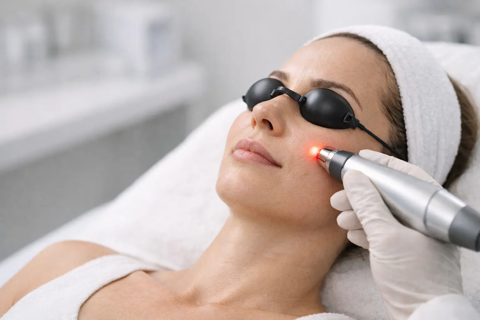 Advanced facial laser treatment applied to cheek area while client wears protective eye shields.