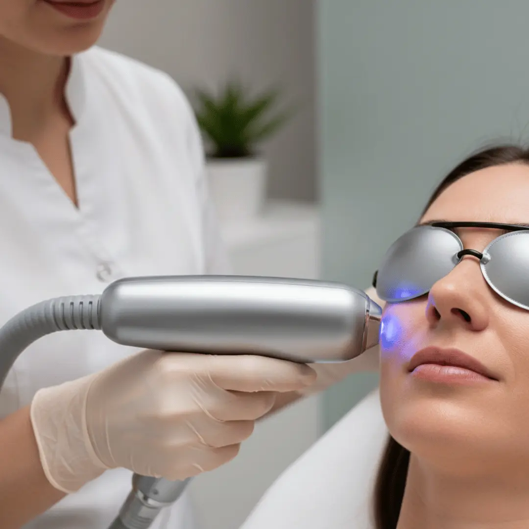 Laser facial treatment being performed with handheld device while client wears protective eye shields.