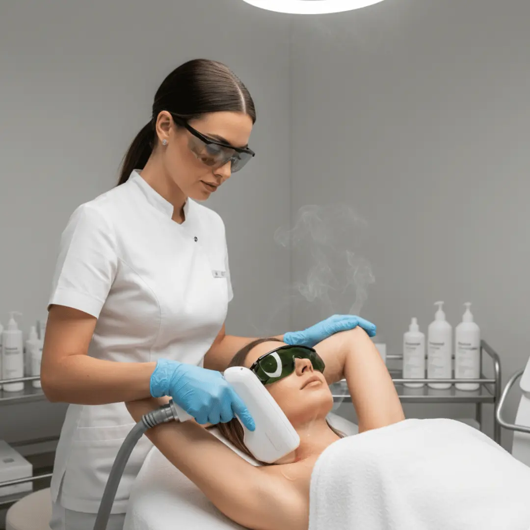 Laser hair removal treatment performed on underarm area by licensed technician using medical laser device in clinical treatment room.