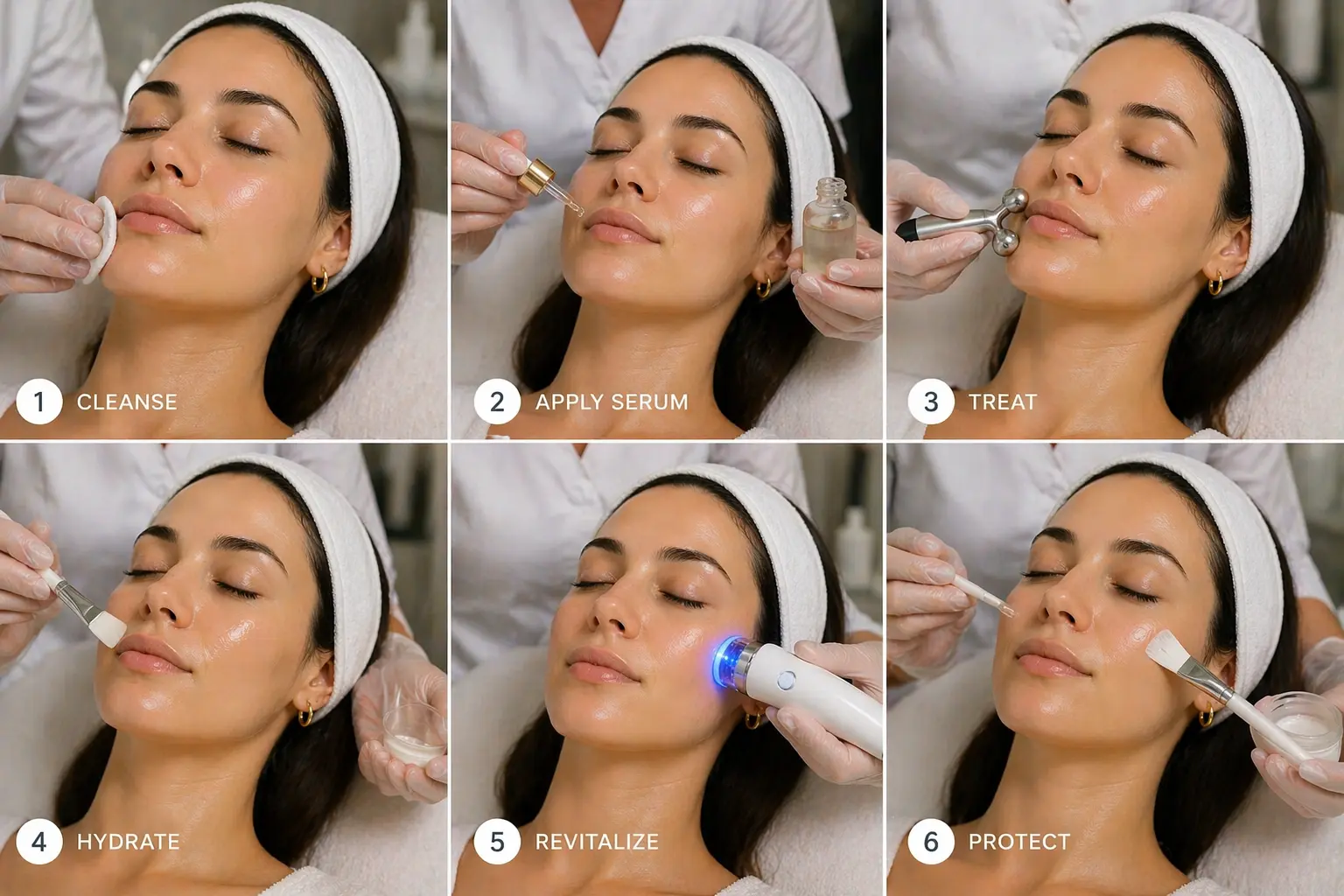 Step by step facial treatment process cleanse serum treat hydrate