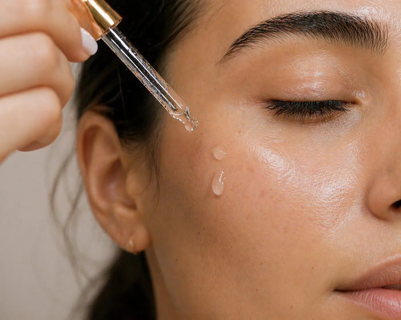 Close up serum drops applied to skin for hydration