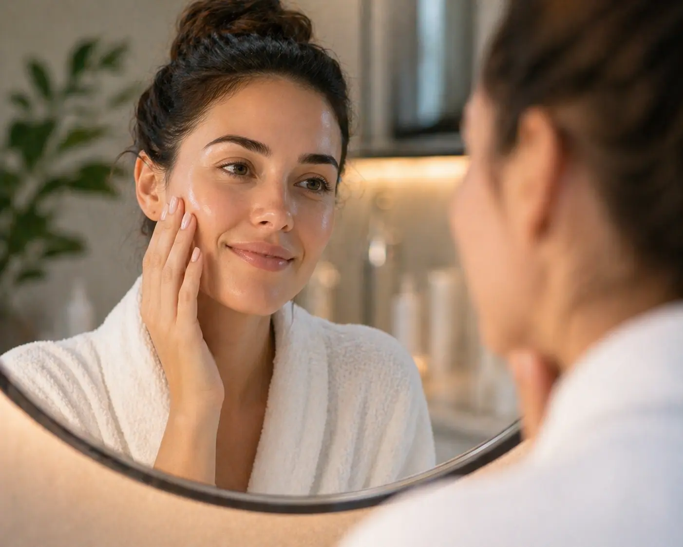 Woman checking glowing skin after facial treatment in mirror