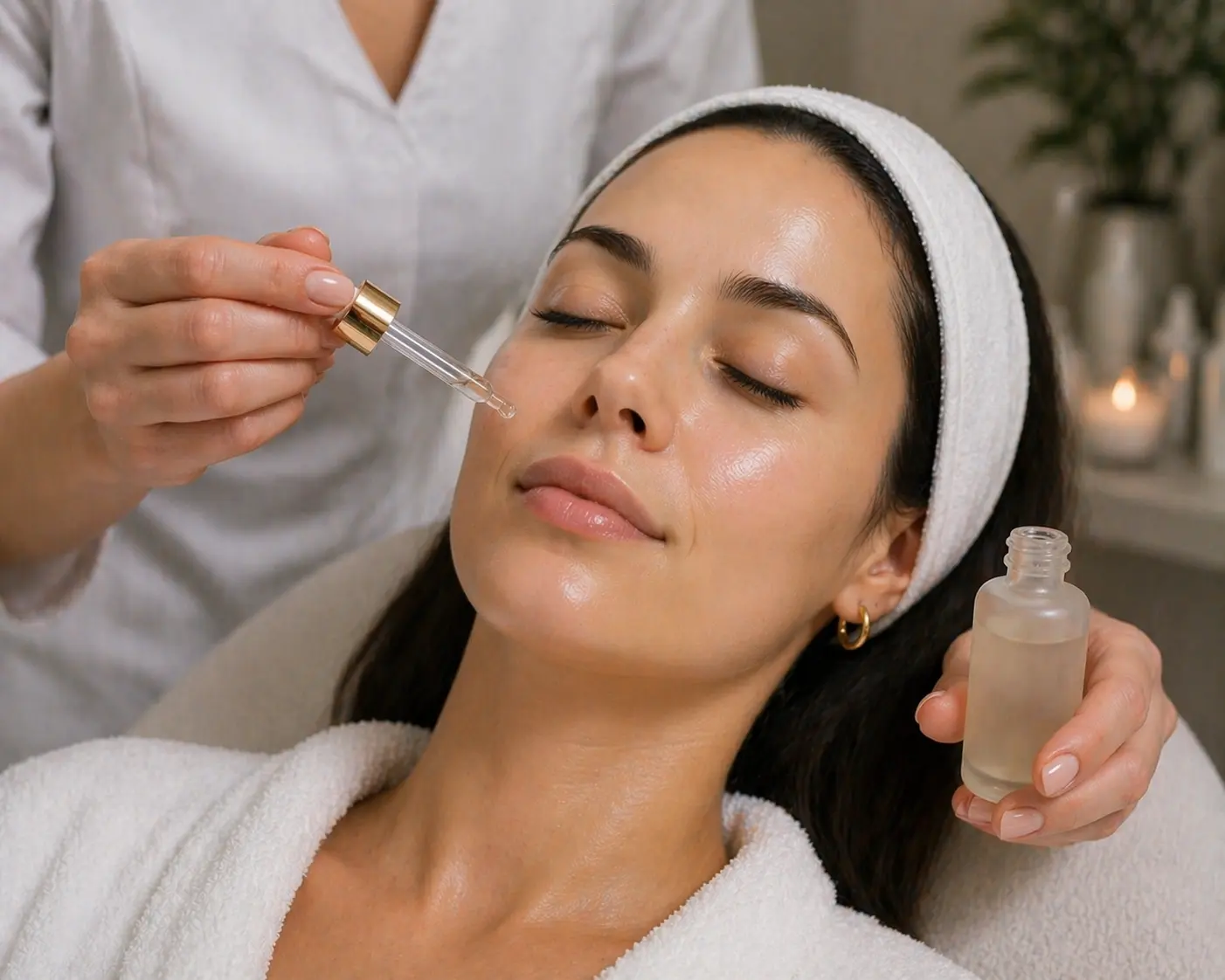 Facial serum application on client skin during treatment