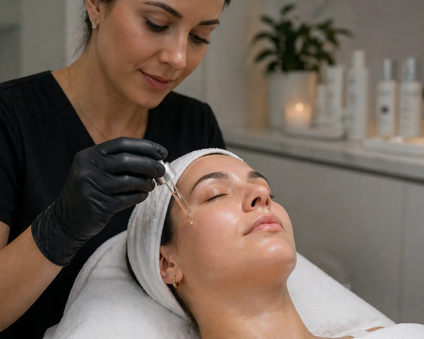 Facial serum treatment applied by skincare professional