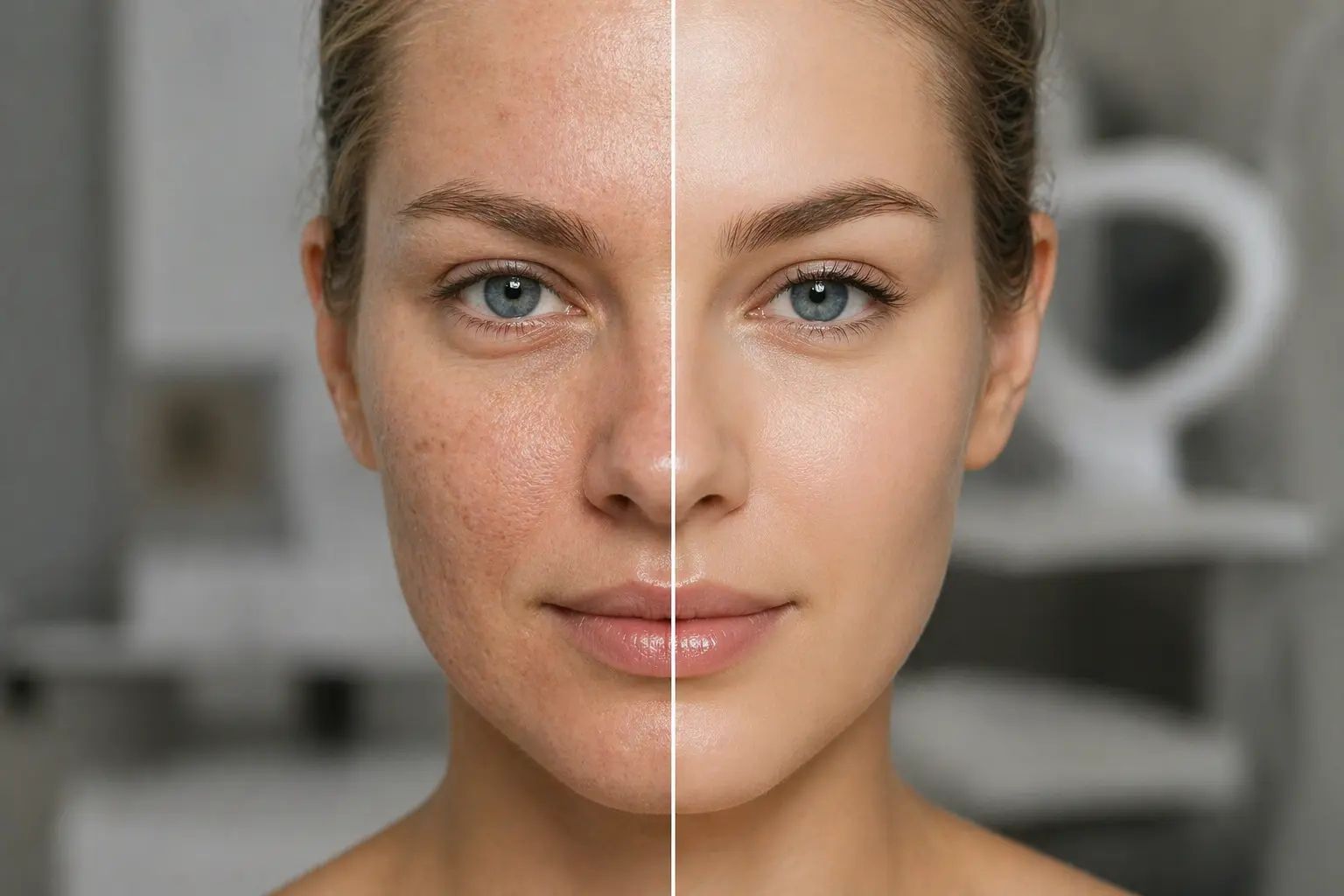 Before and after skin improvement showing smoother clearer complexion