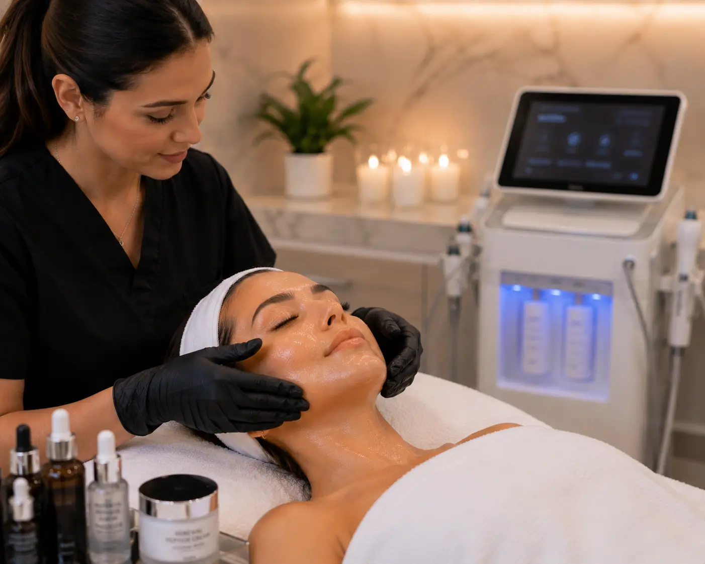 Aesthetician performing a relaxing facial treatment on a client at Arizona Medlaser