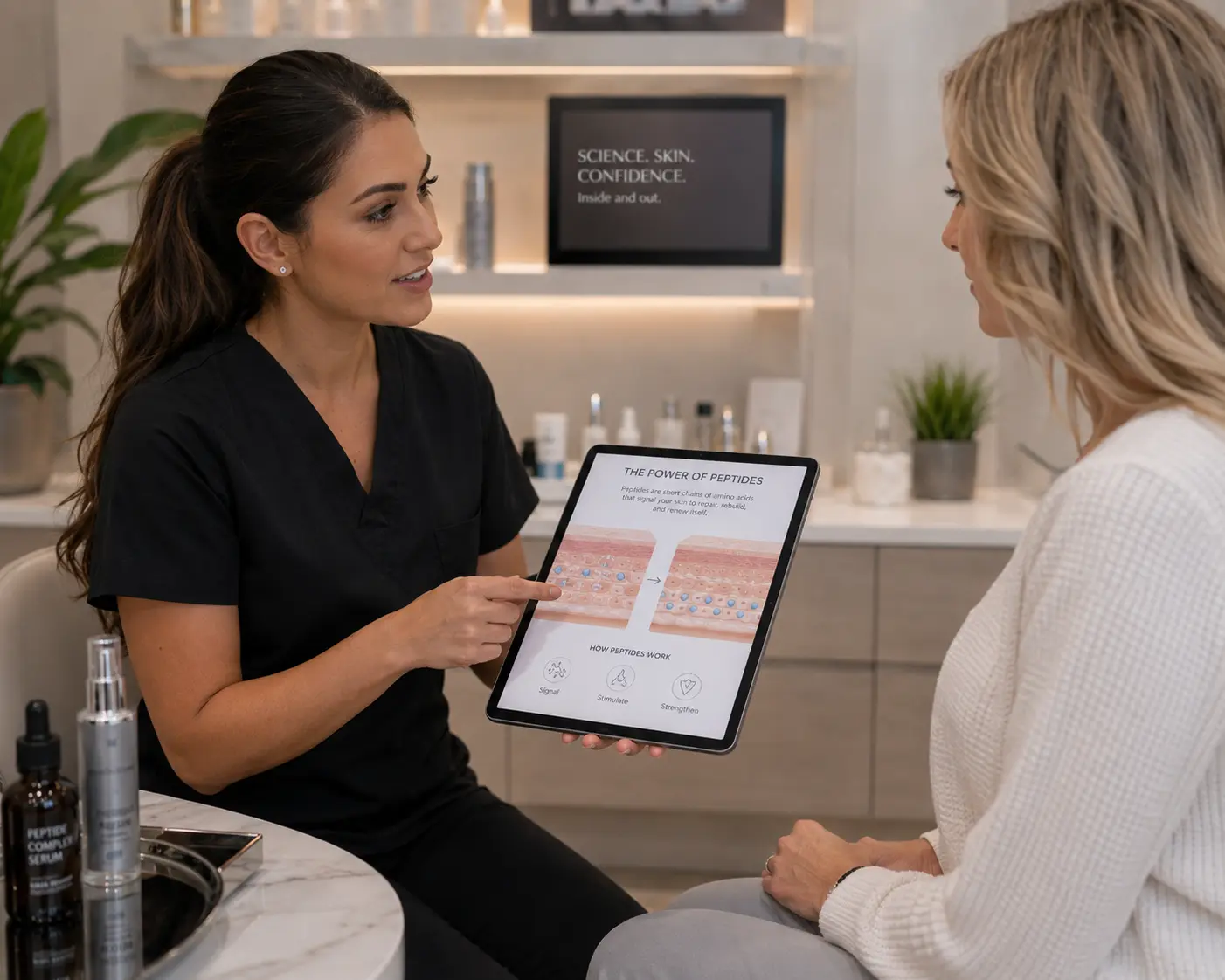 Arizona Medlaser specialist explaining peptide skin treatment benefits to a client
