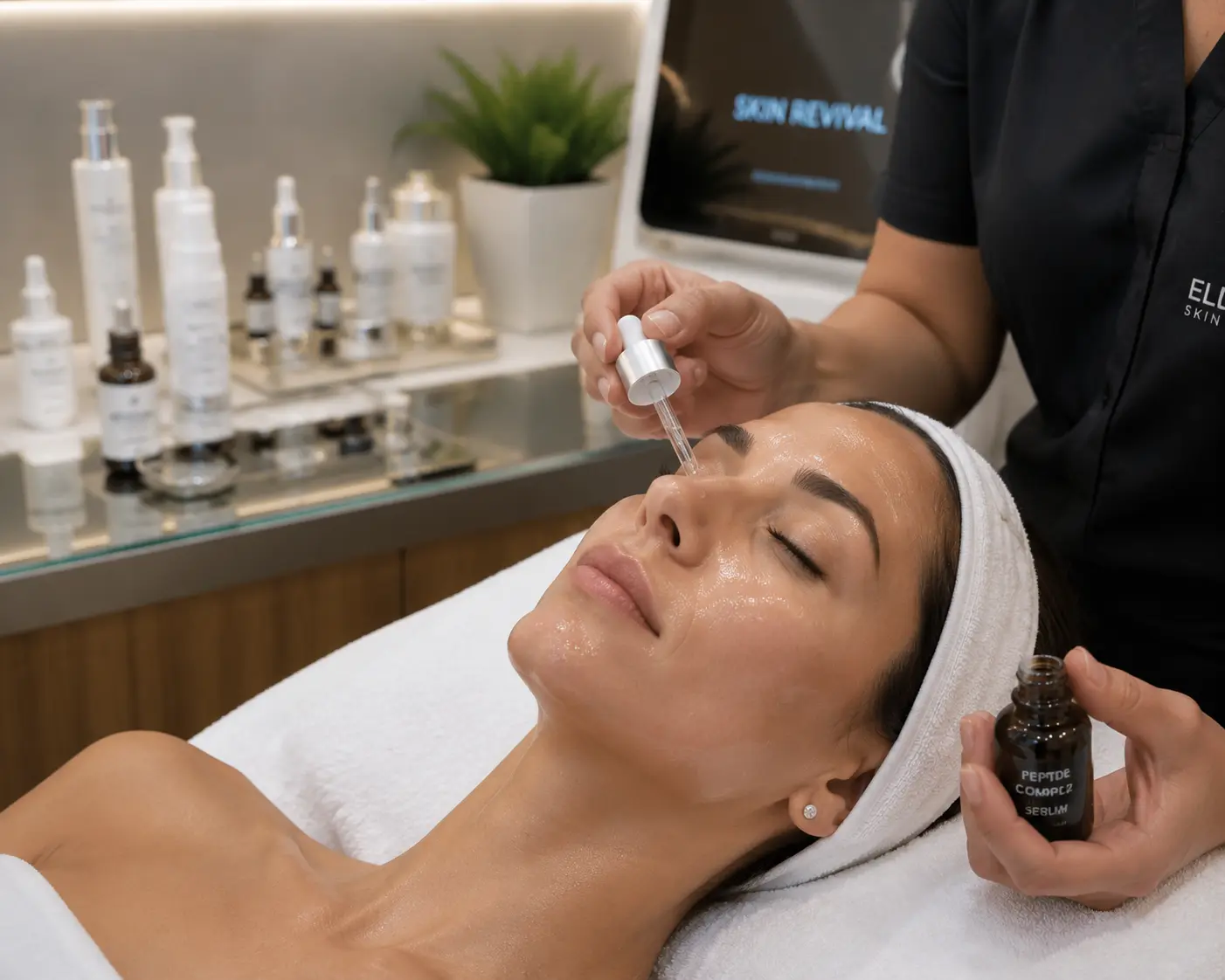 Aesthetician applying serum to a client's face during a facial treatment