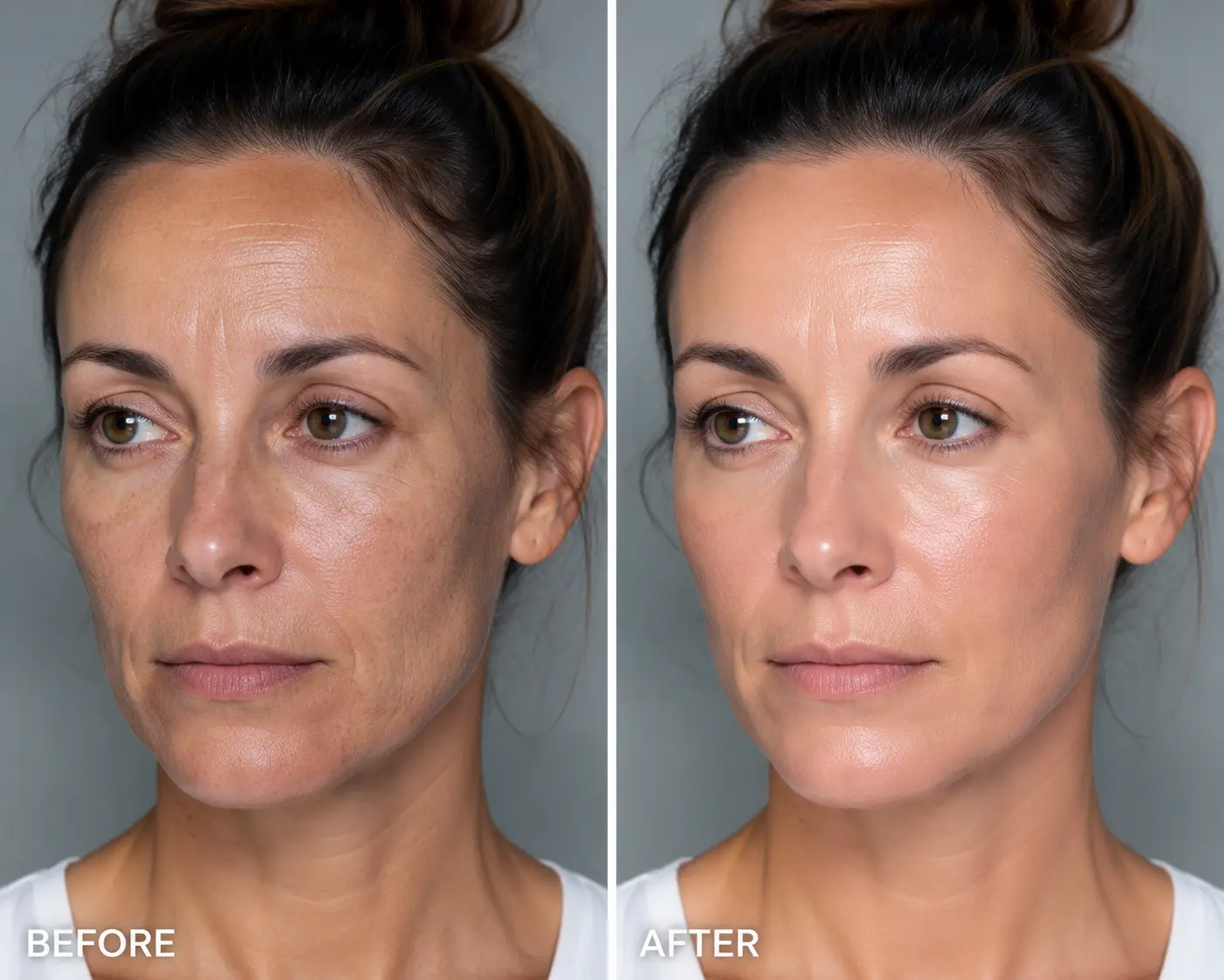 Before and after comparison of a female patient showing skin rejuvenation results at Arizona Medlaser, with improved smoothness, reduced fine lines, and more even complexion.