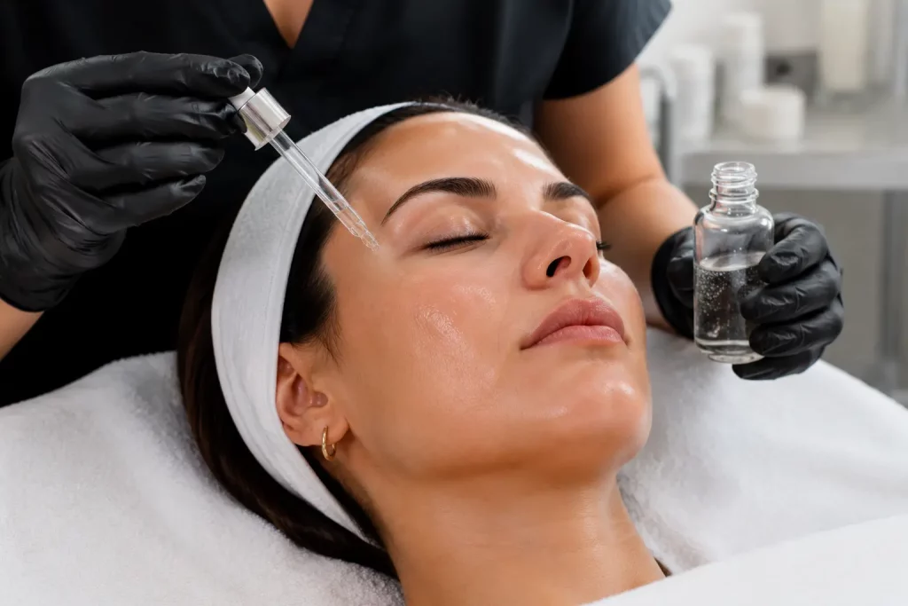 Hydrating serum treatment with gloved hands