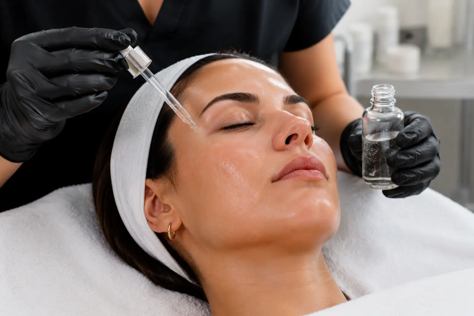 Close-up of an Arizona MedLaser skincare treatment where a licensed aesthetician applies a facial serum with a dropper during a professional spa facial session.
