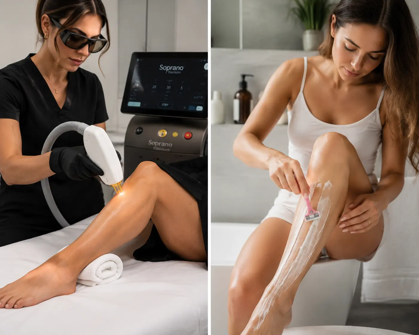 Side-by-side comparison of laser hair removal treatment versus shaving routine at Arizona Medlaser, showing professional laser device treatment on one leg and at-home shaving on the other.