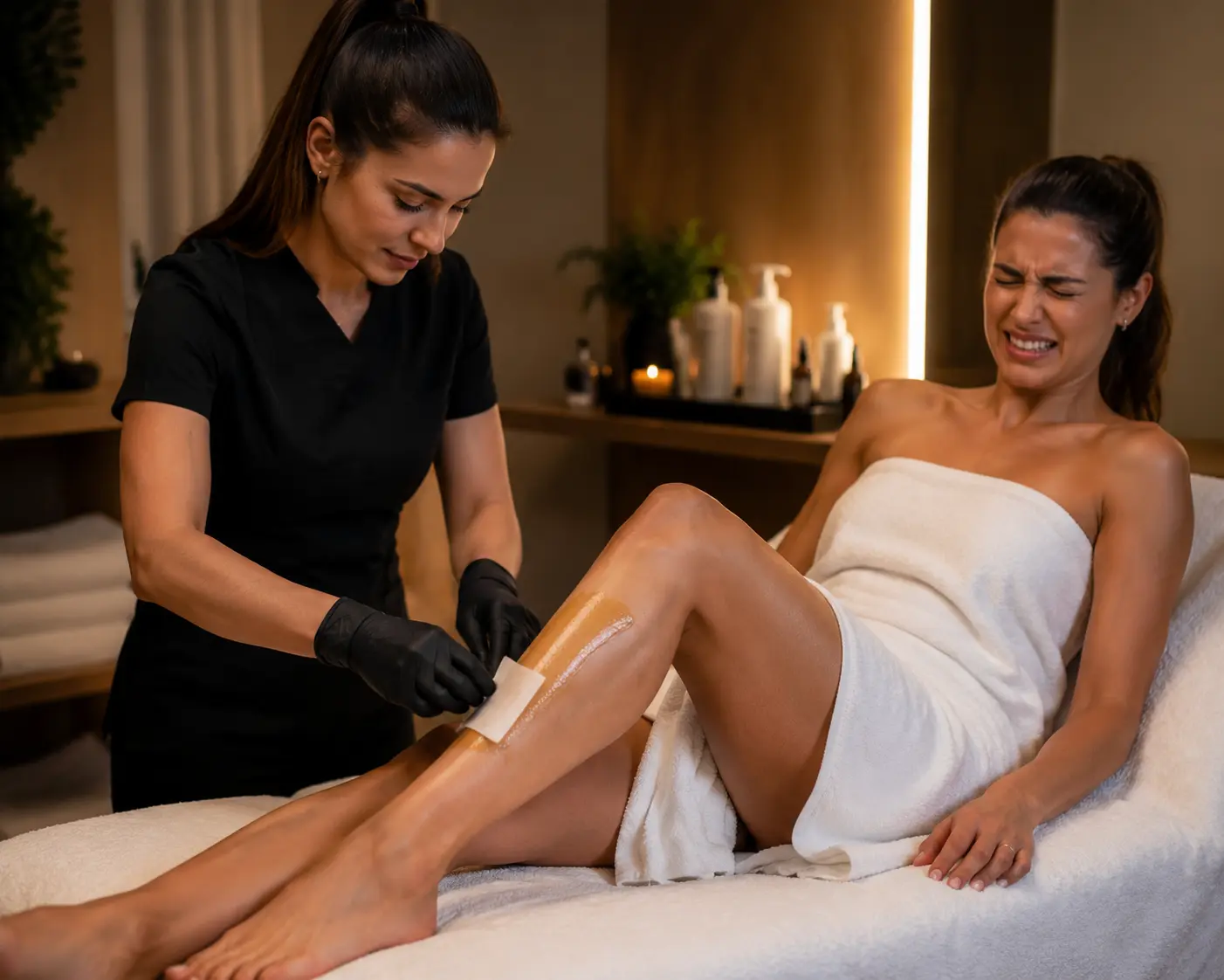 Aesthetician performing waxing treatment on a client’s leg in a professional med spa setting with warm lighting.