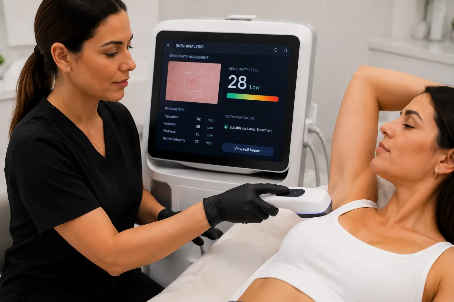 Arizona MedLaser aesthetician performing underarm laser hair removal skin analysis using a handheld device while reviewing sensitivity results on a digital diagnostic screen.