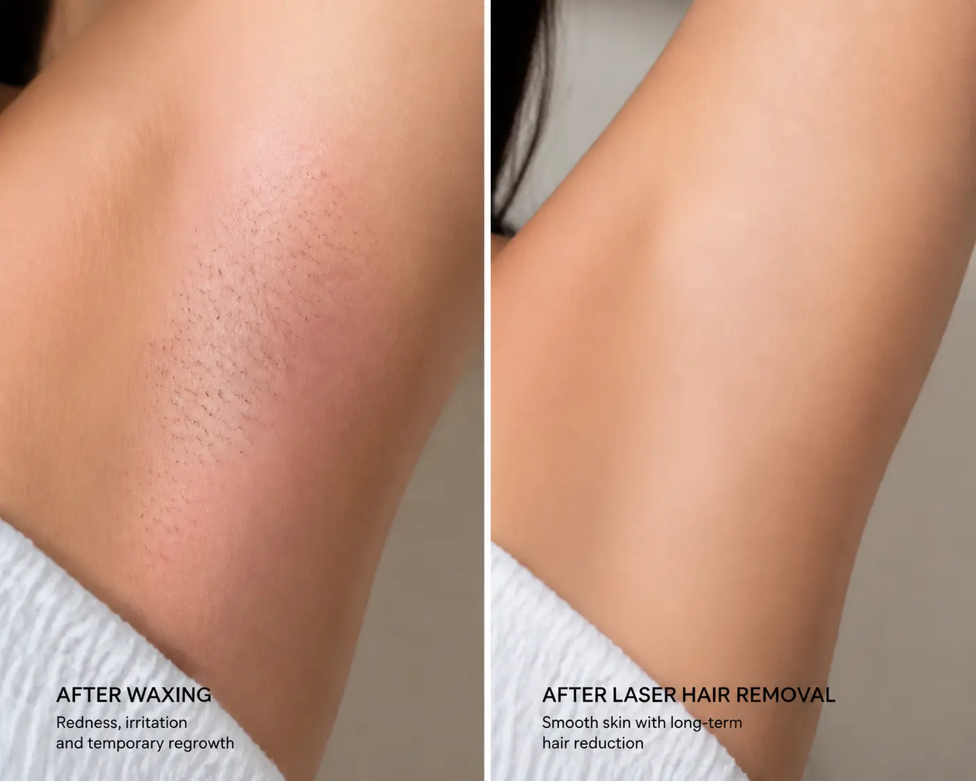 Split-screen underarm comparison showing irritation after waxing on the left and smooth skin after laser hair removal on the right at a med spa.