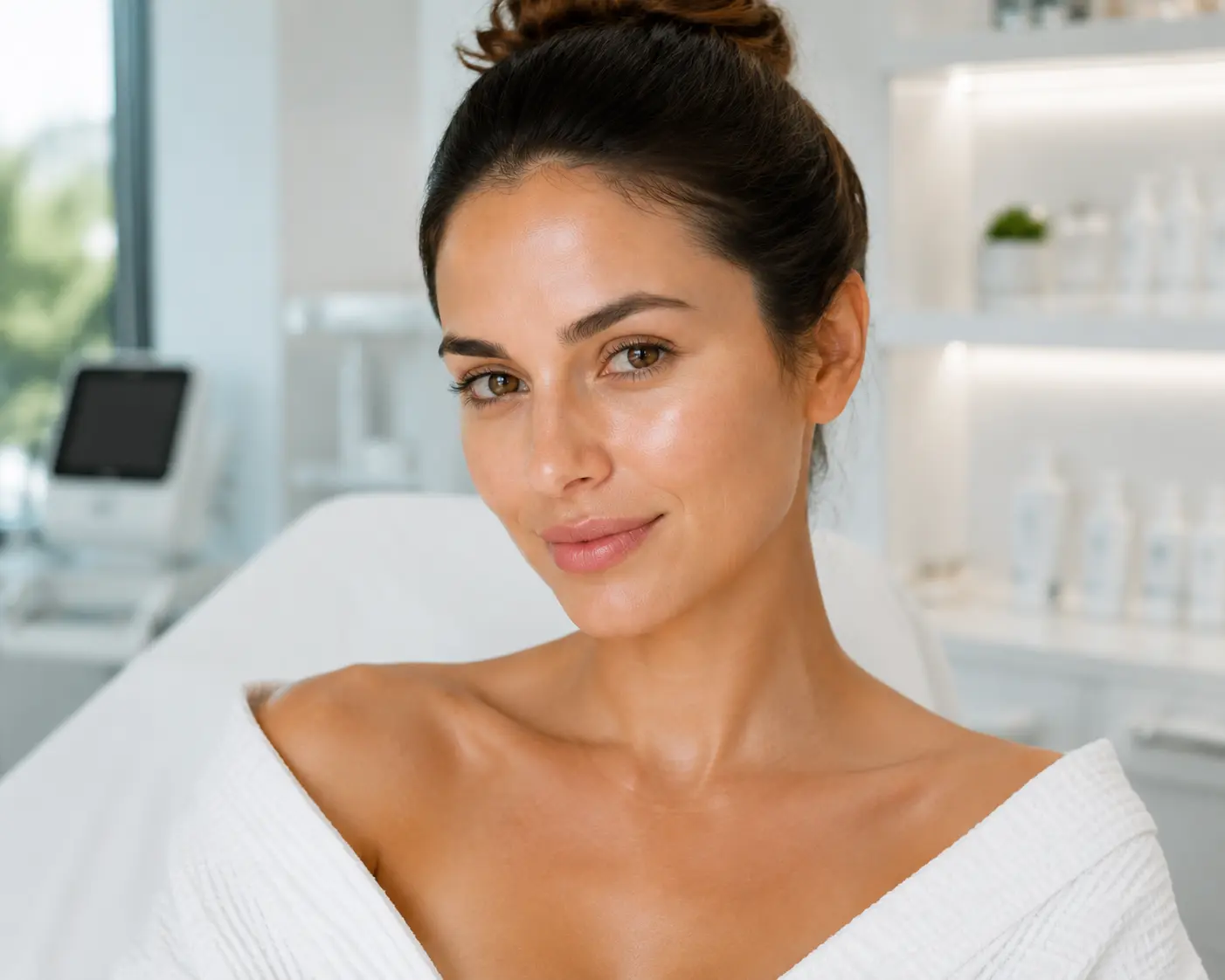 Woman showing glowing skin after peptide treatment