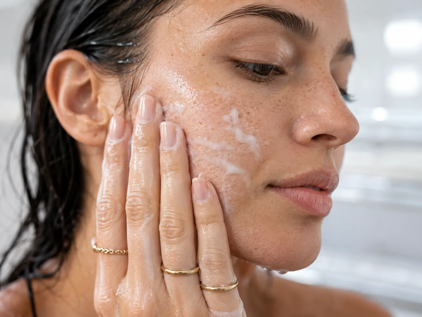 Close-up of a woman with wet skin applying a foaming facial cleanser to maintain her Hydro Glow Facial results from Arizona Medlaser.