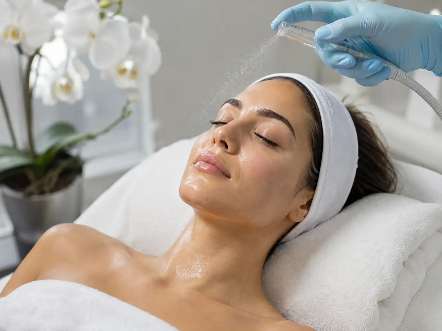 A client receiving a hydrating Hydro Glow Facial treatment at Arizona Medlaser as a mist wand gently sprays their skin.