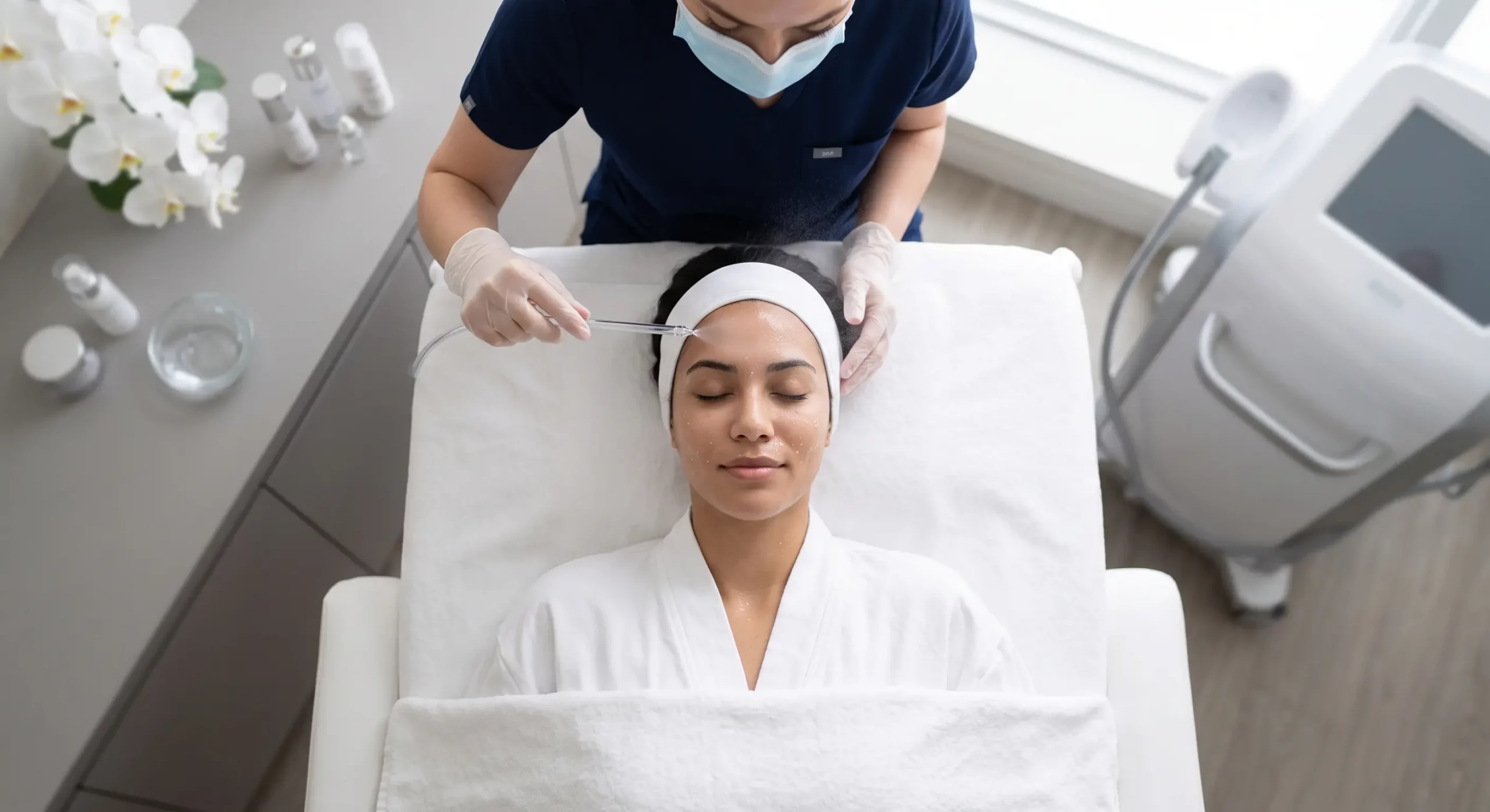 Overhead view of a client relaxing during a Hydro Glow Facial treatment at Arizona Medlaser as an esthetician applies a hydrating spray wand.
