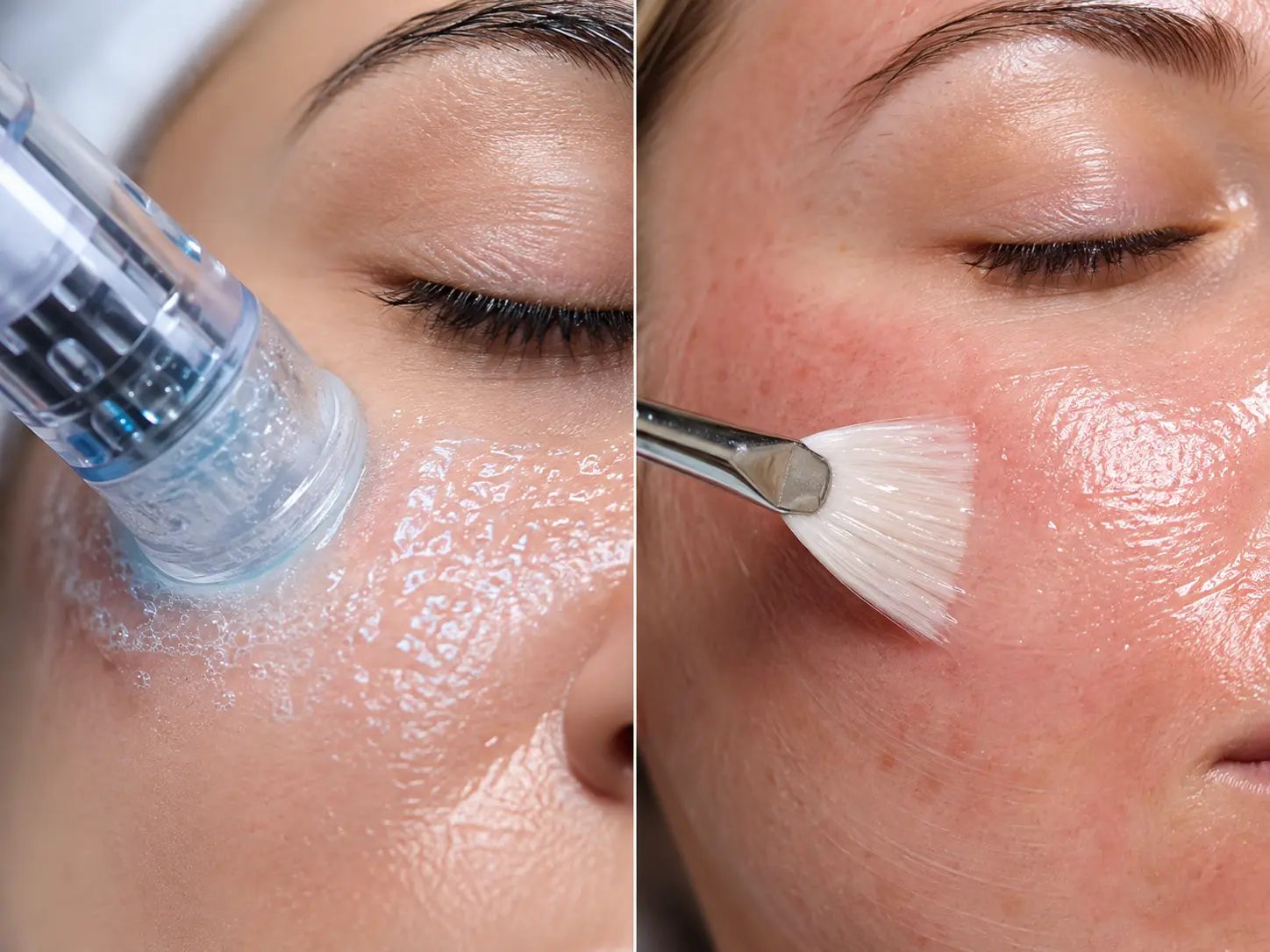 Side-by-side comparison showing a hydra-infusion vacuum tip treatment on the left and a chemical peel application brush on the right at Arizona Medlaser.