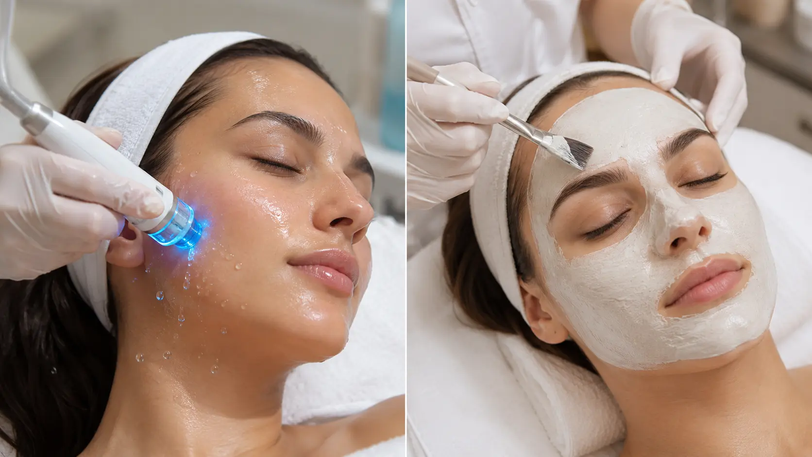 Side-by-side comparison showing an advanced Hydro Glow Facial wand treatment on the left and a traditional cream face mask application on the right at Arizona Medlaser.