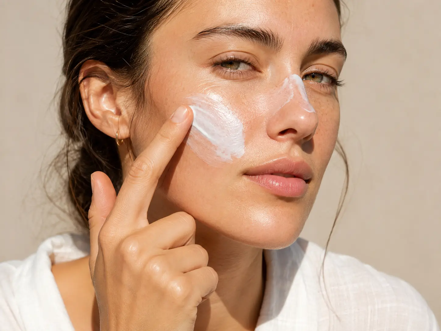 Close-up of a woman applying a protective lotion or sunscreen to her cheek as part of the Hydro Glow Facial care routine at Arizona Medlaser.